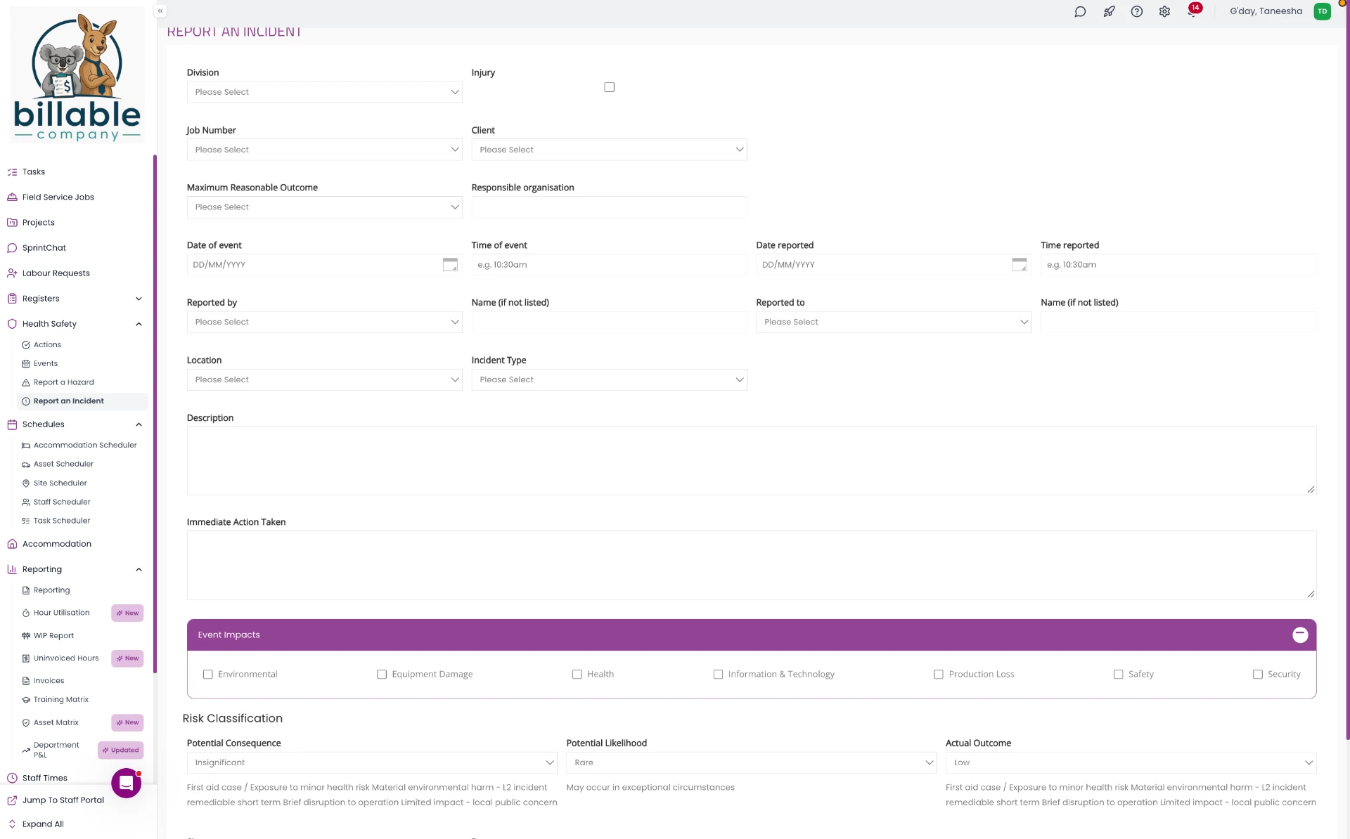 Report an incident form inside SprintSuite
