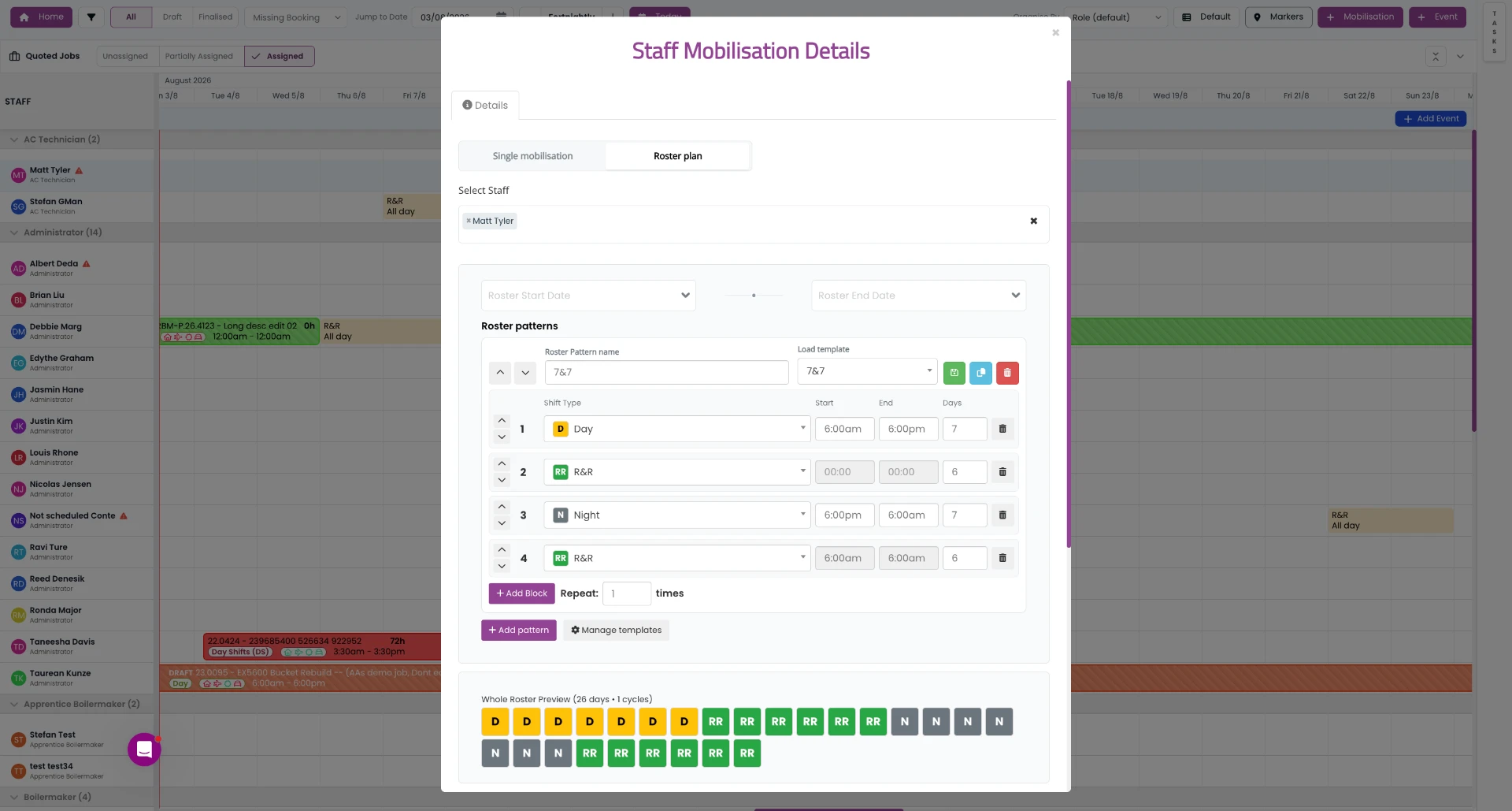 Employee rostering software screenshot showing a 7&7 FIFO roster pattern builder with day shifts, night shifts, R&R blocks and a 26-day whole roster preview