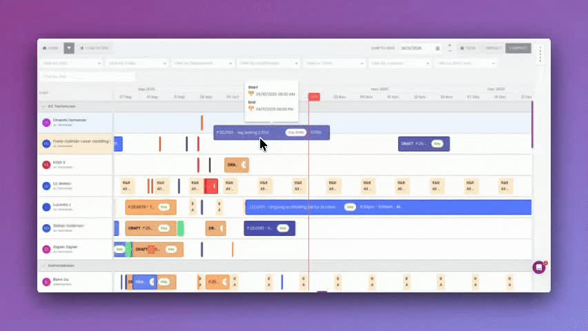 SprintSuite planning and scheduling view showing jobs, scheduled dates and employees allocated across projects