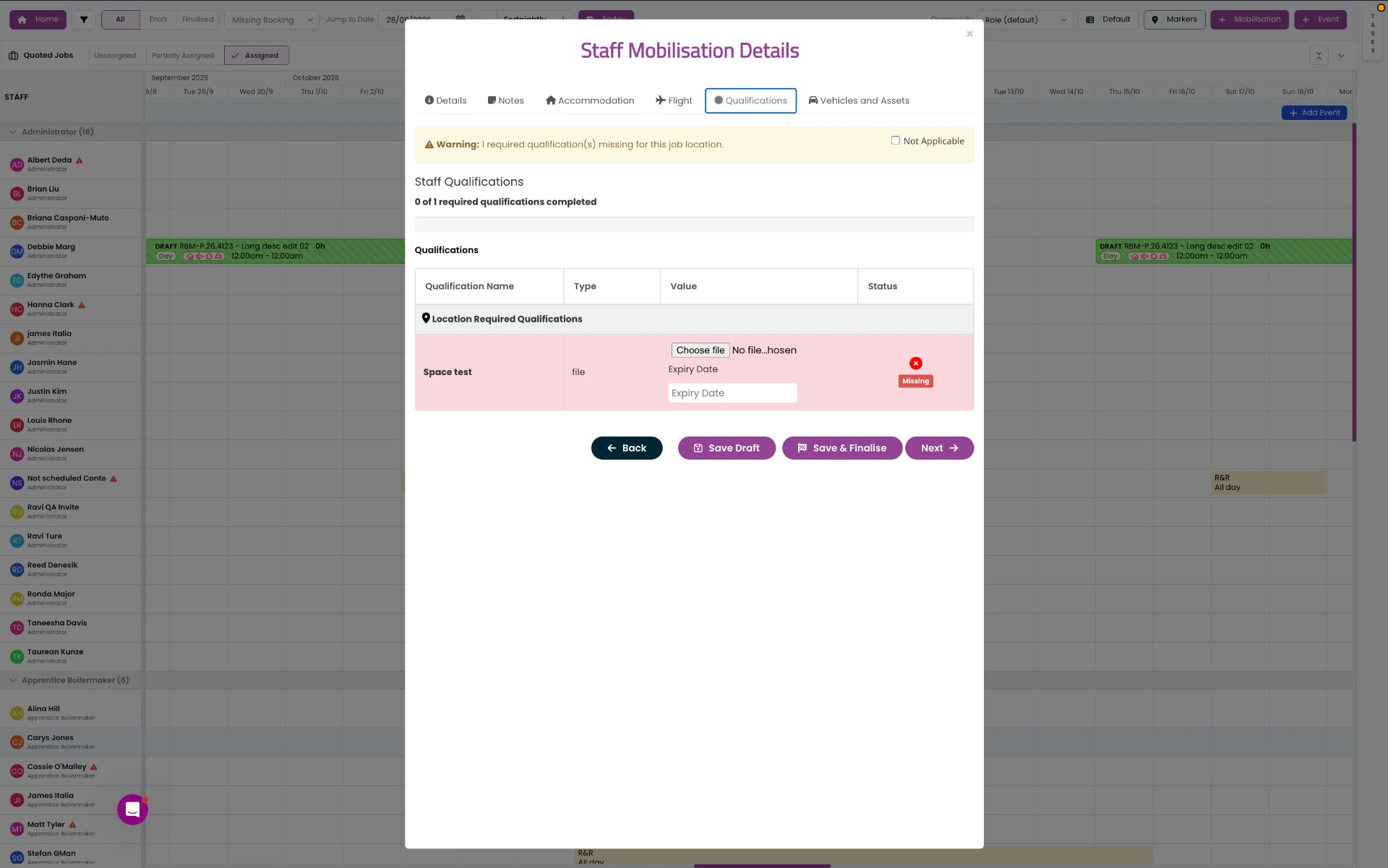 SprintSuite staff scheduler showing employees and subcontractors across jobs
