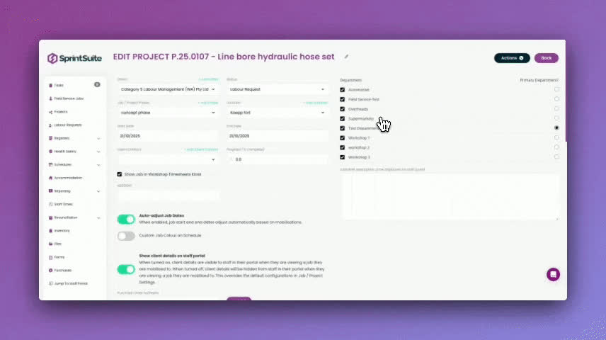 SprintSuite project management dashboard tracking budgeted vs actual hours, costs and margins