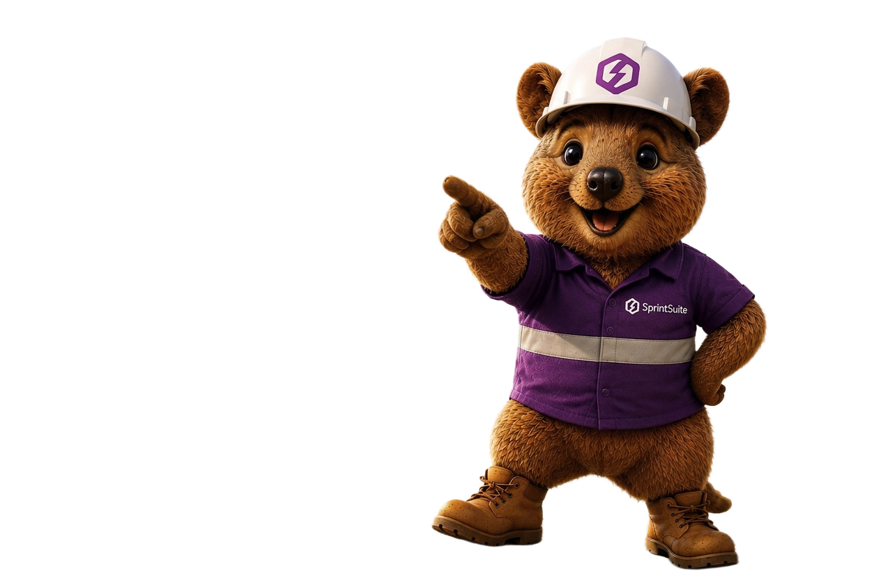 SprintSuite quokka mascot wearing a purple hi-vis shirt