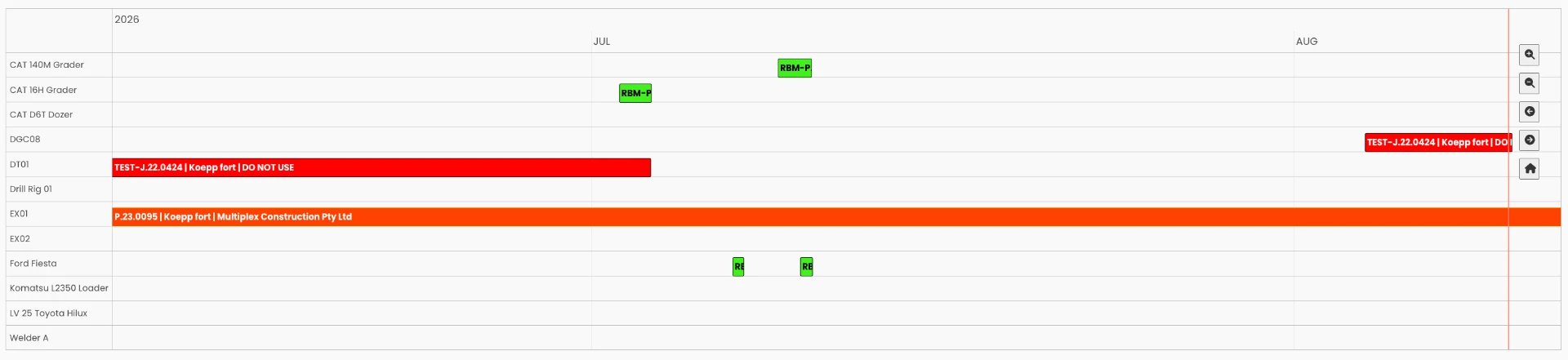 SprintSuite asset scheduler timeline showing graders, dozers, excavators and light vehicles allocated to jobs across July and August
