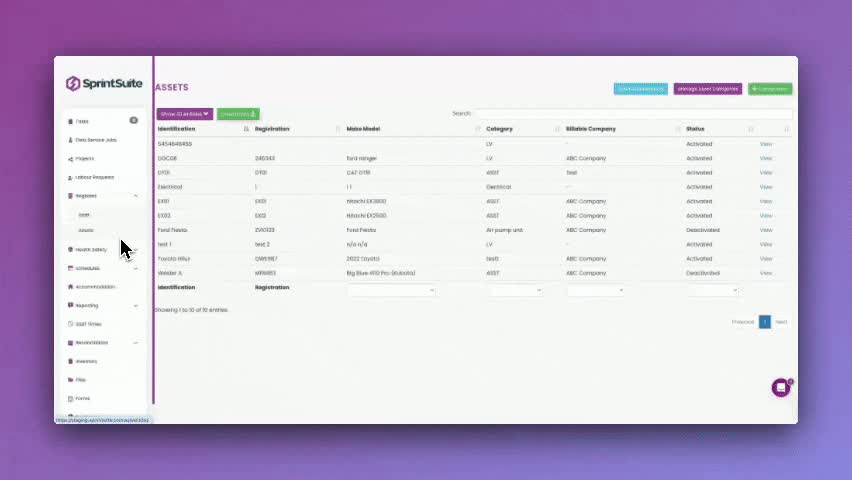 SprintSuite asset register showing equipment records and service information
