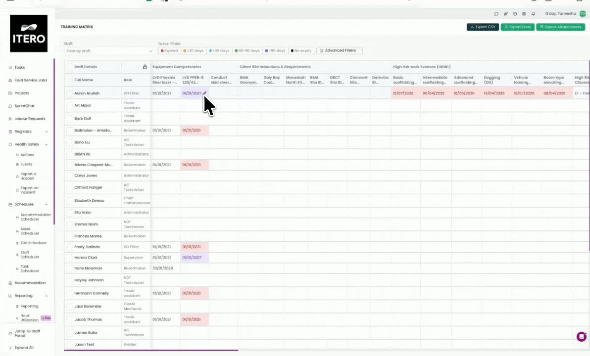 SprintSuite Training Matrix Dashboard