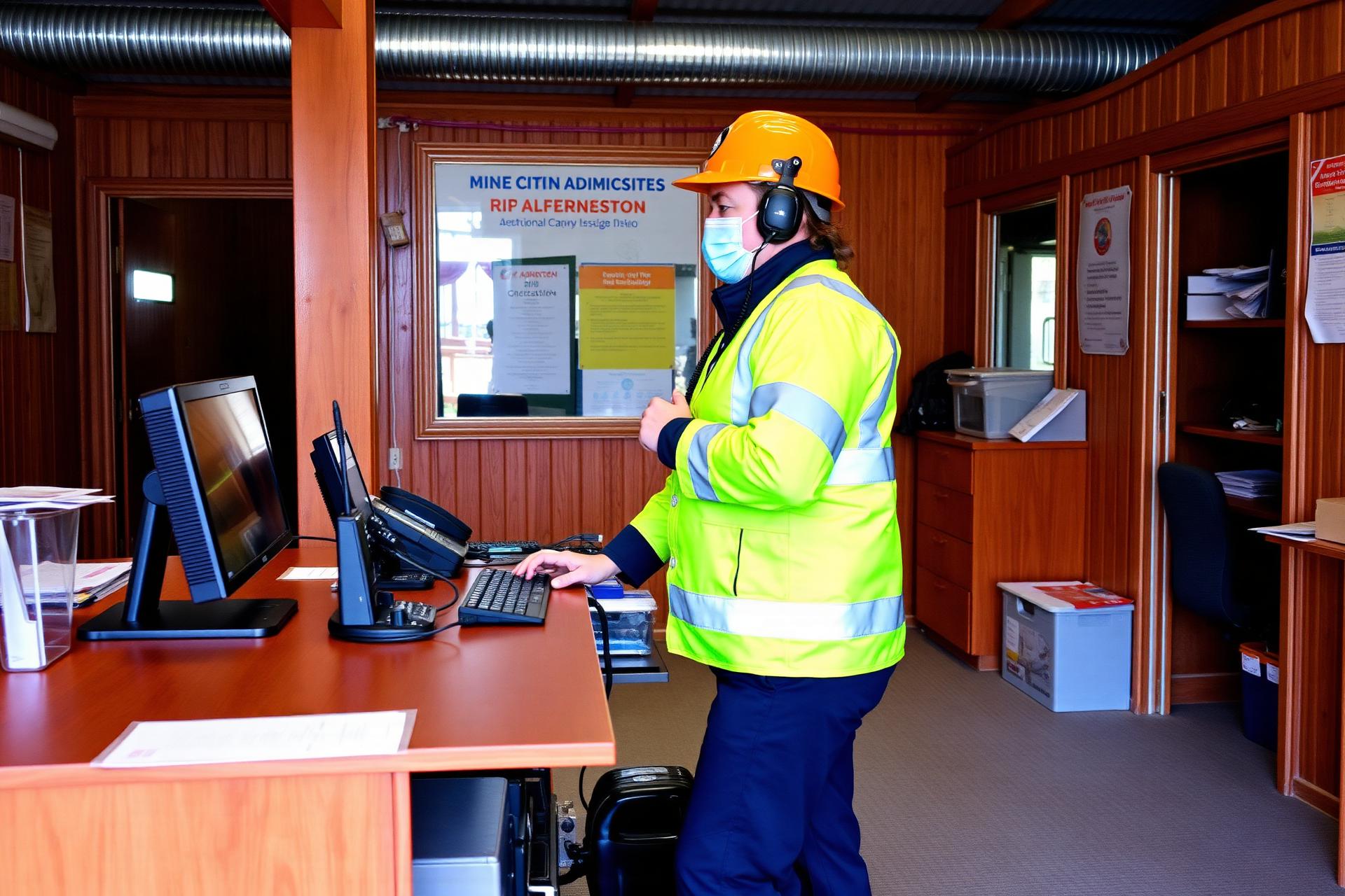 Mine site administrator in high-vis working at a computer in an Australian mine site office