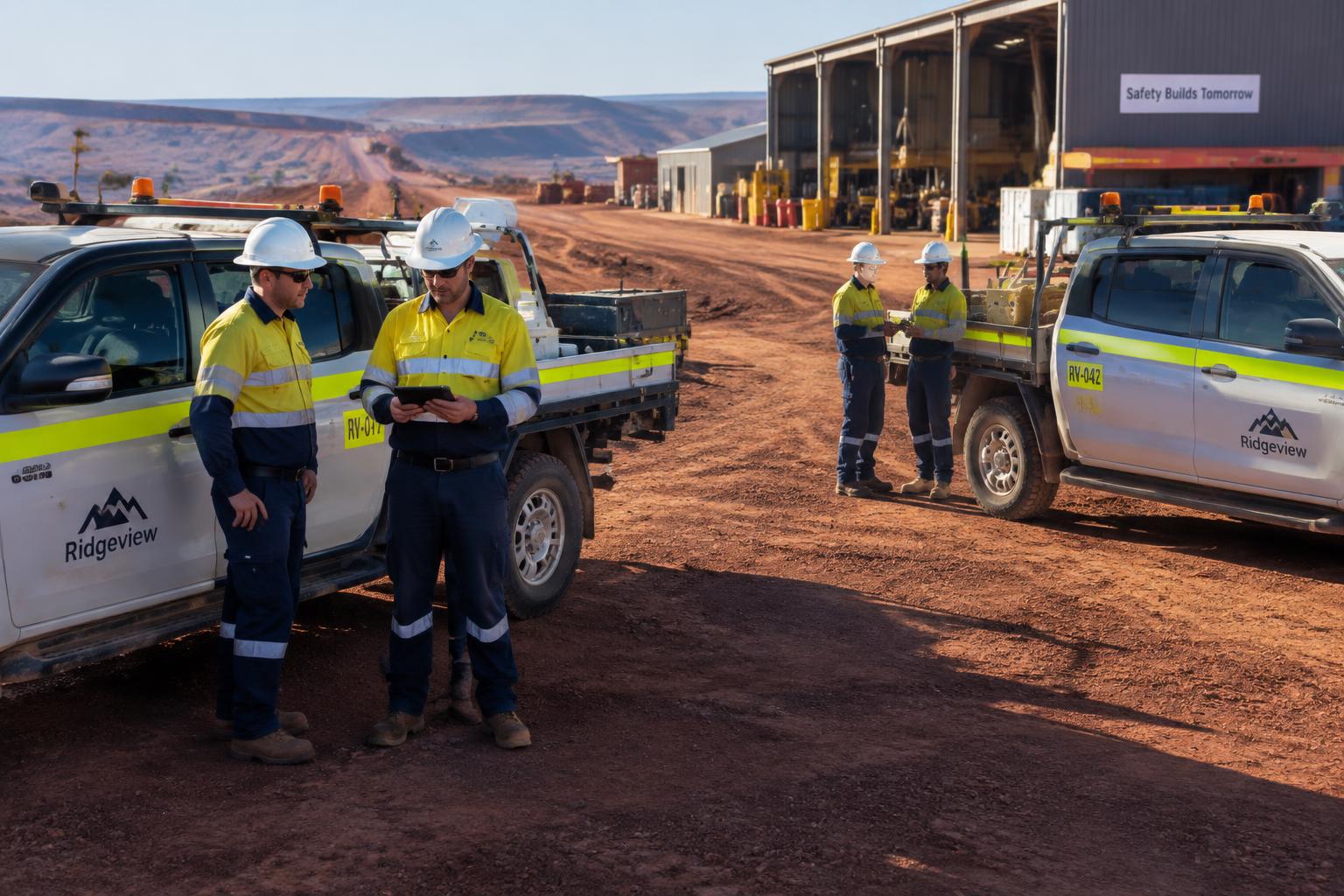 Two maintenance crews in high-vis beside service utes on a mine site road while a supervisor checks a tablet