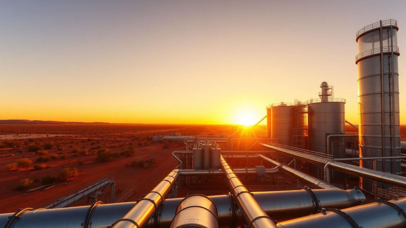 Australian critical minerals processing plant at sunset with silver pipework, storage silos and outback landscape — representing the 2026 Critical Minerals & Energy Transition Australia Conference