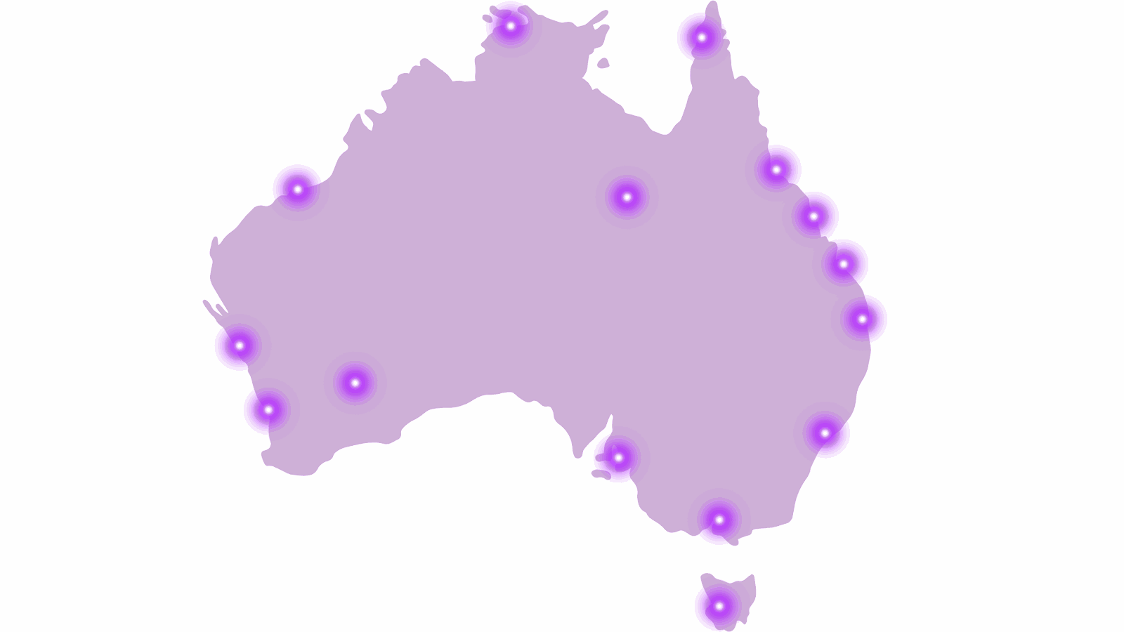 Map of Australia showing SprintSuite hubs in Melbourne, Mackay and Perth