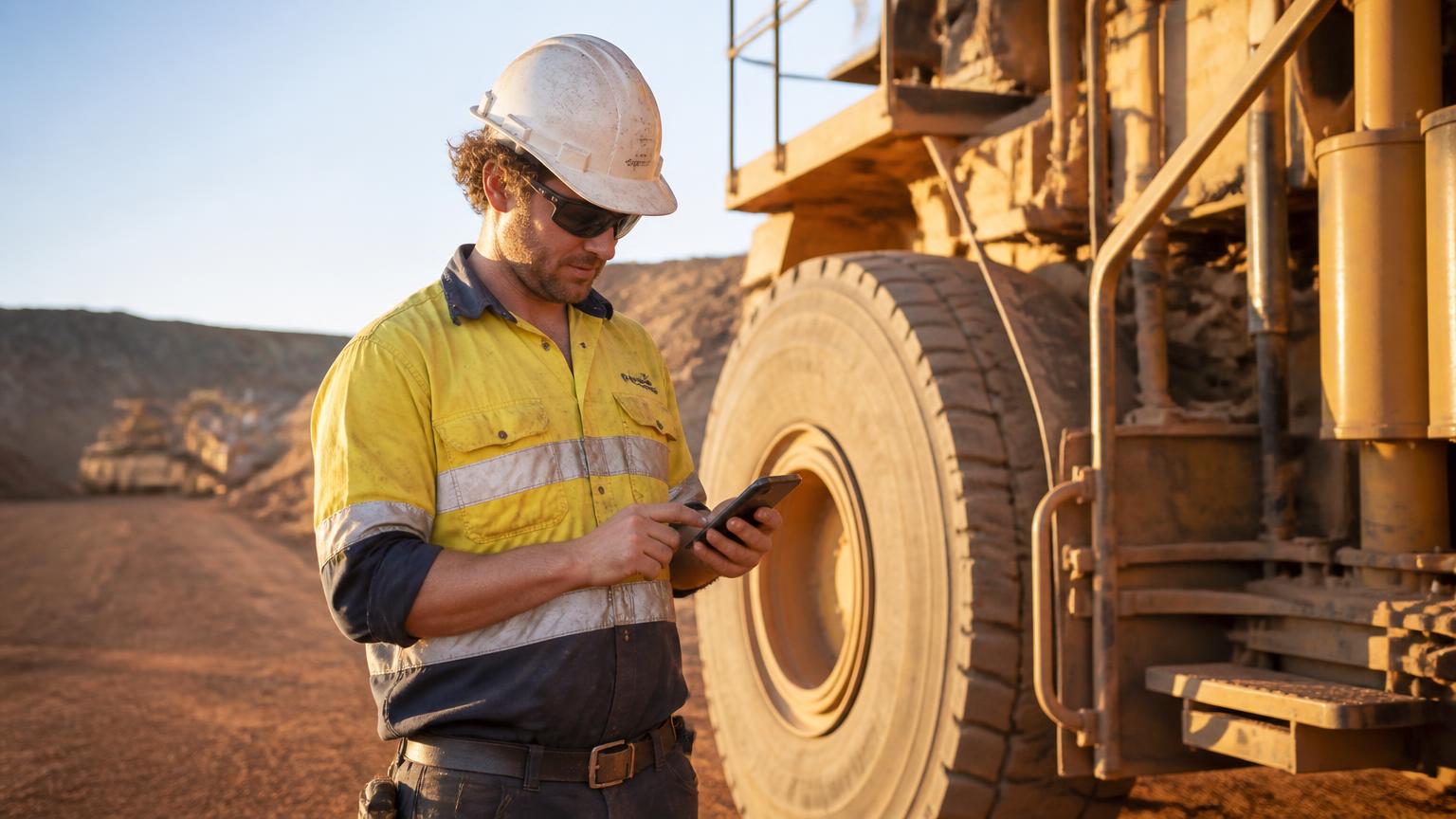 Mining maintenance technician in hi-vis using a field service mobile app beside a haul truck at a remote Australian mine site