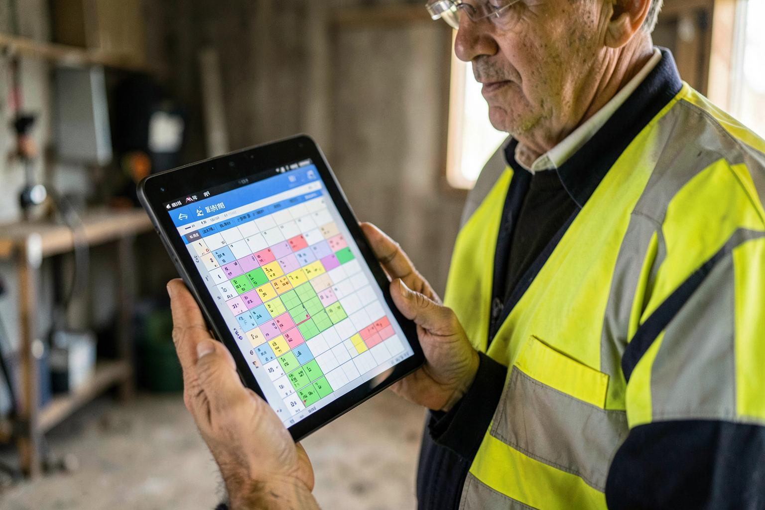 Mining supervisor in hi-vis reviewing a colour-coded roster calendar on a tablet