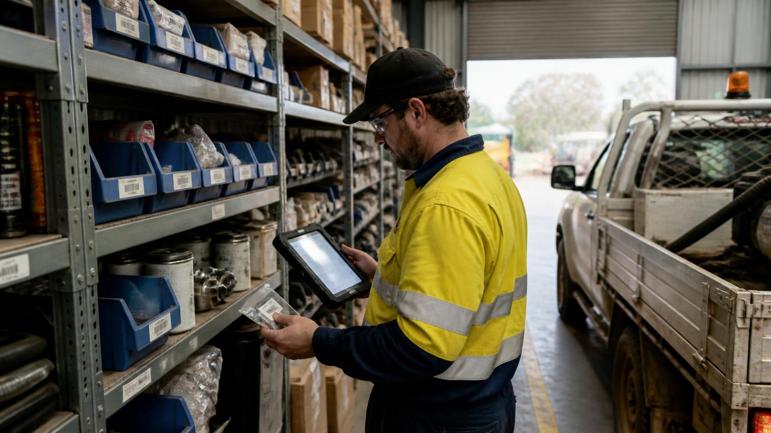 Storeman in high-vis scanning a parts bin with a rugged tablet in a contractor's warehouse store