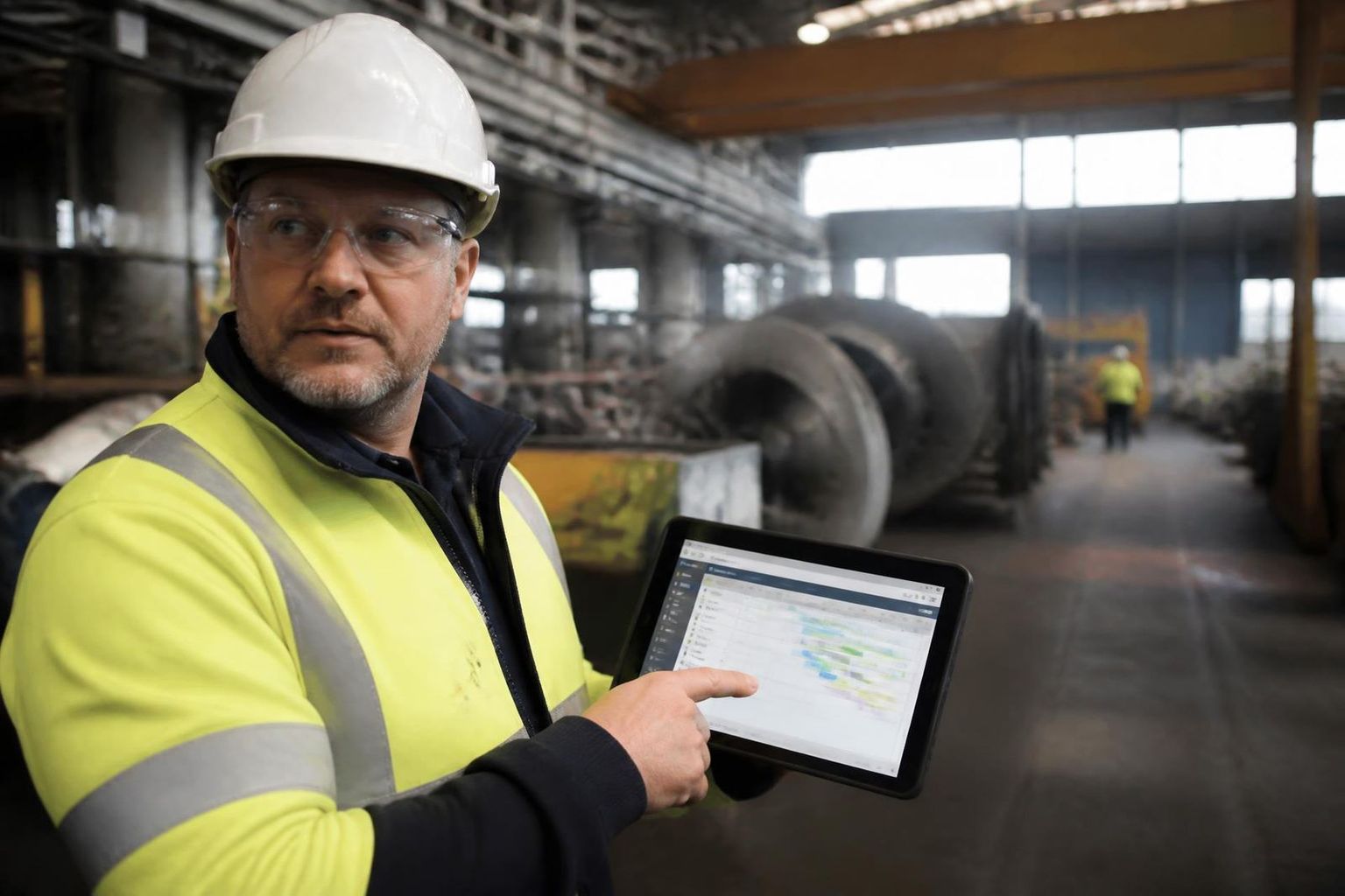 Supervisor in hi-vis using a job management app on a tablet in a heavy engineering workshop