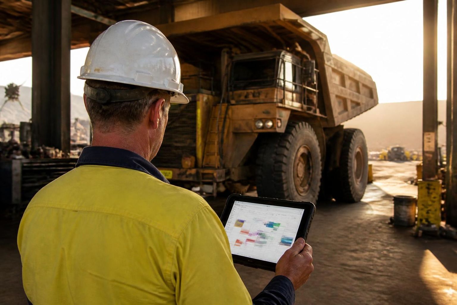 Mining maintenance supervisor in hi-vis using a job scheduling app on a rugged tablet beside a haul truck
