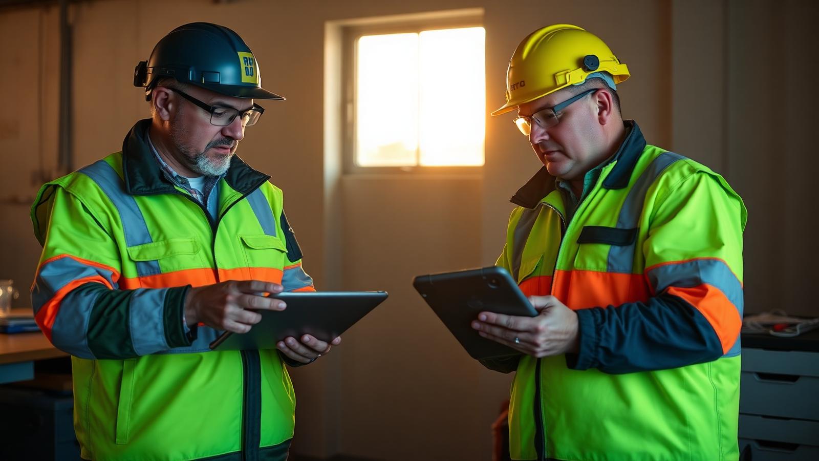 Two supervisors in high-visibility workwear comparing crew and job software on a tablet inside a site office at a remote Australian operation