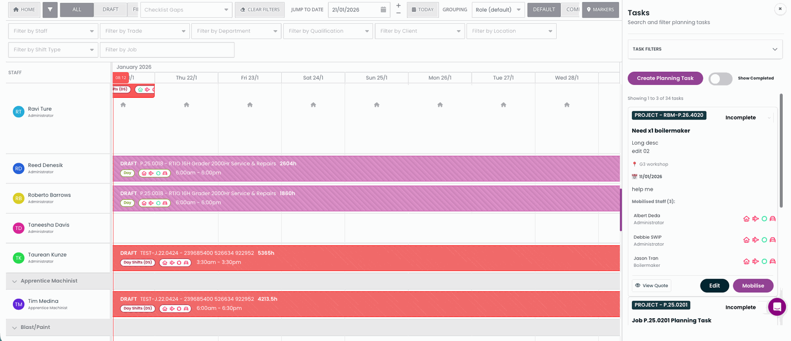 SprintSuite digital staff scheduler showing weekly crew allocation with drag-and-drop assignments