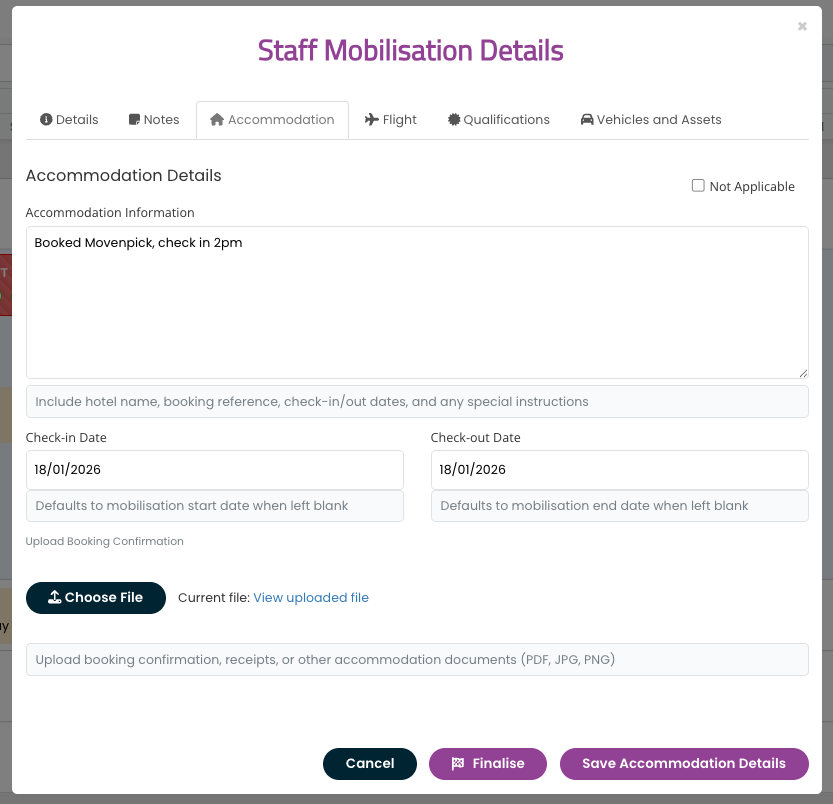SprintSuite staff mobilisation accommodation booking interface