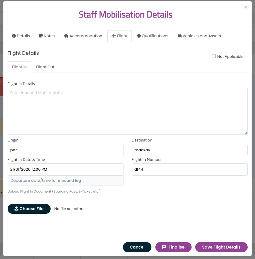 SprintSuite staff mobilisation flight booking details interface