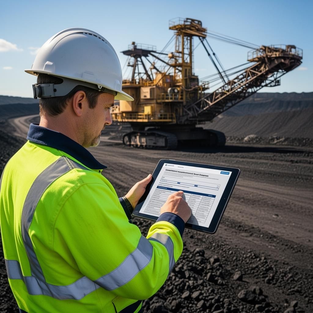 Mining supervisor reviewing compliance on tablet at site