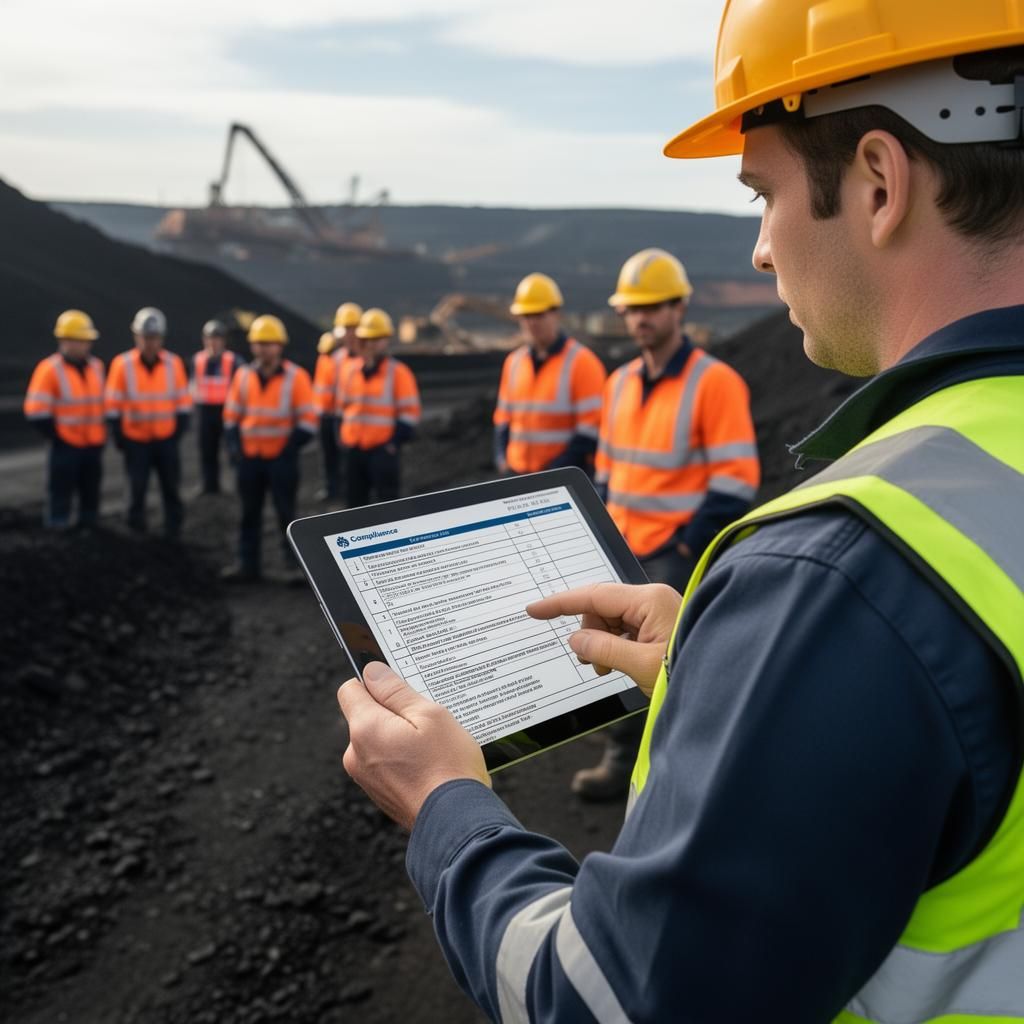 Mining supervisor checking compliance on tablet at coal mine