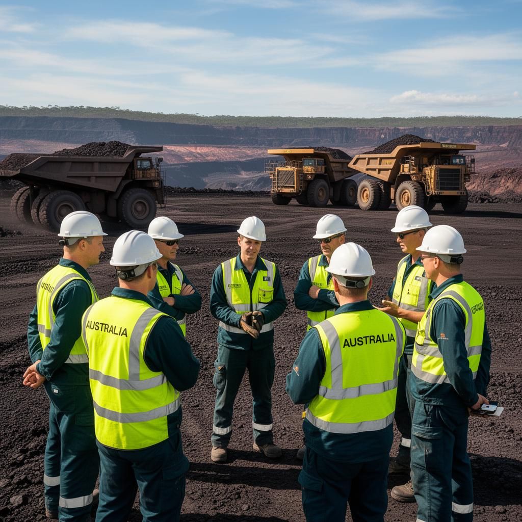 Mining contractors in toolbox meeting at Bowen Basin site
