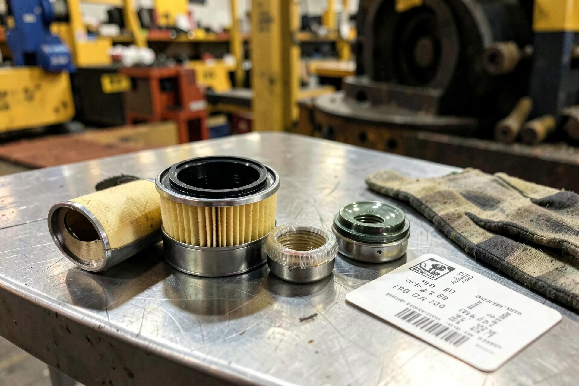 New oil, fuel and air filter elements laid out on a steel workbench in a heavy equipment workshop