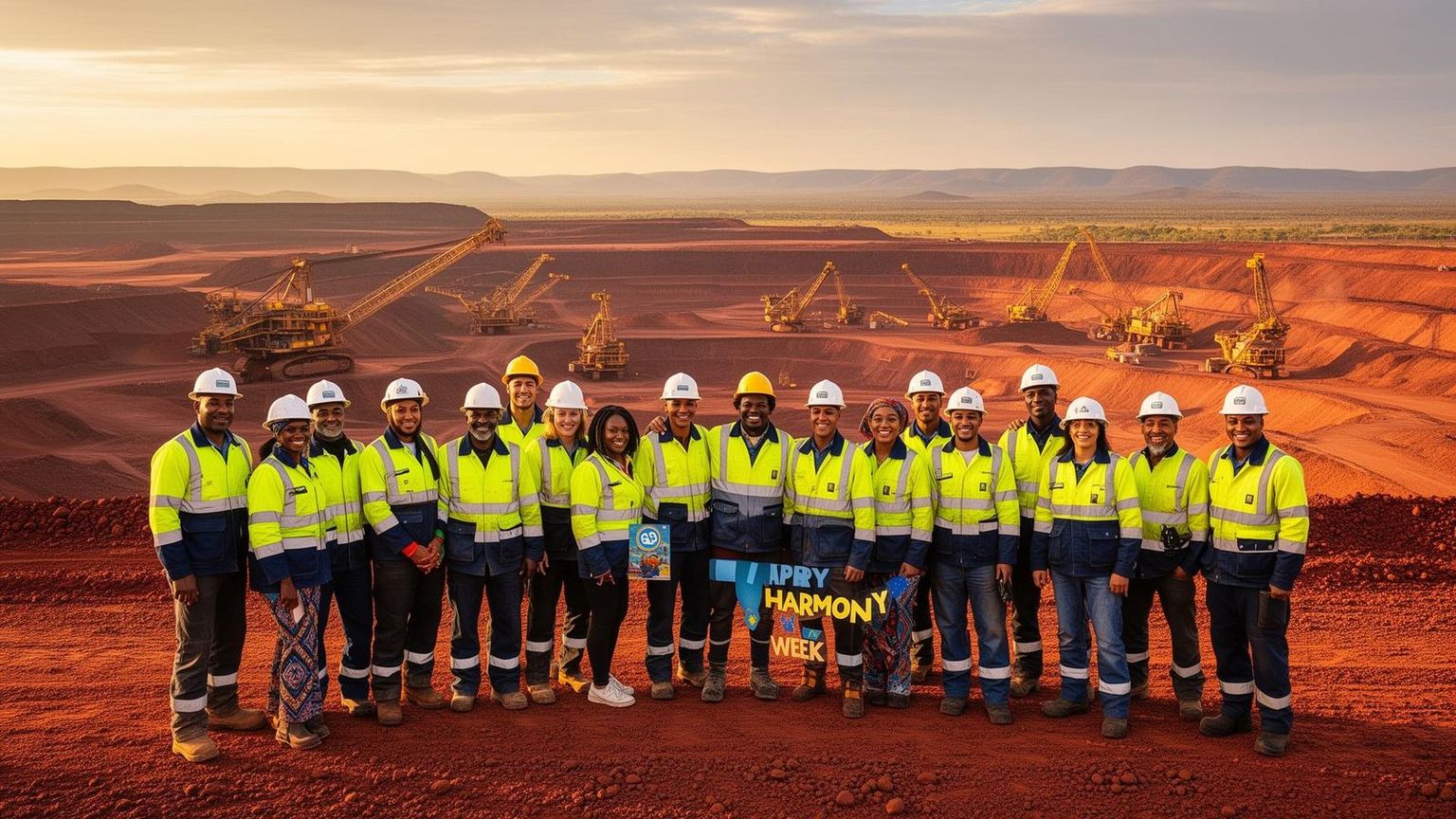 Diverse multicultural mining workers standing together on an Australian mine site during Harmony Week