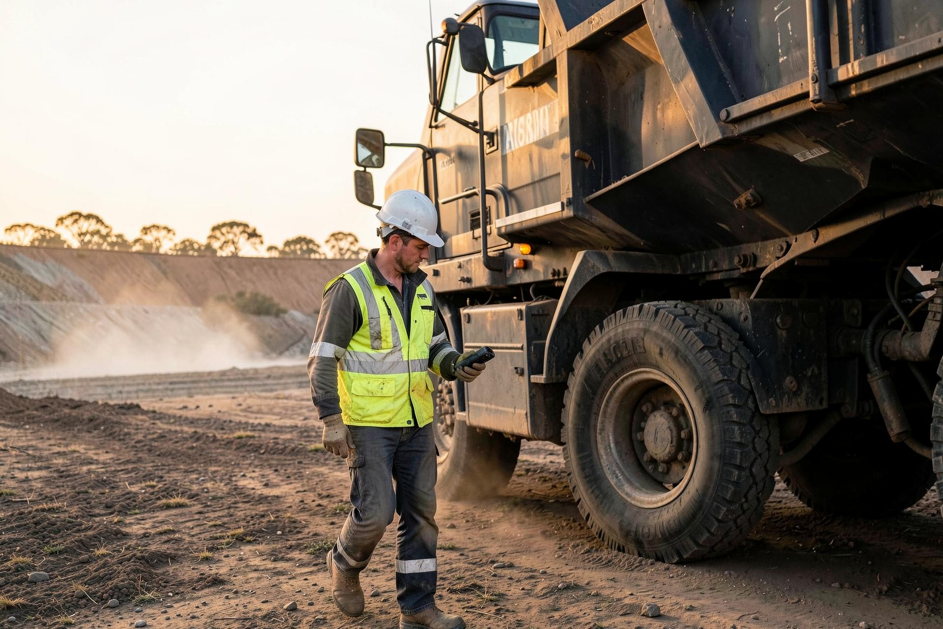 A mining operator in hi-vis completing a daily pre-start inspection on a phone beside a haul truck at dawn