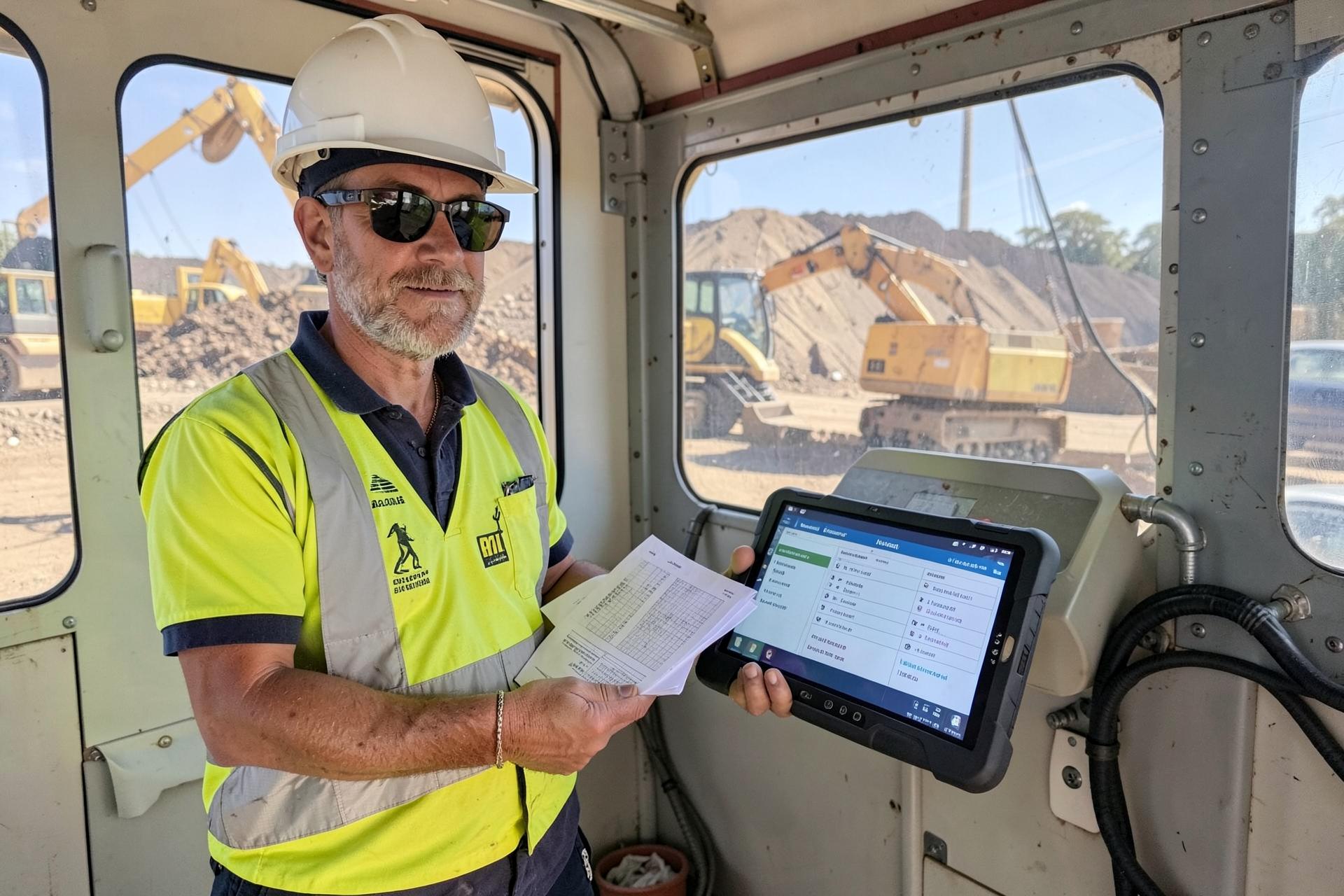 A mining supervisor in hi-vis holding paper compliance forms beside a rugged tablet showing digital checklists