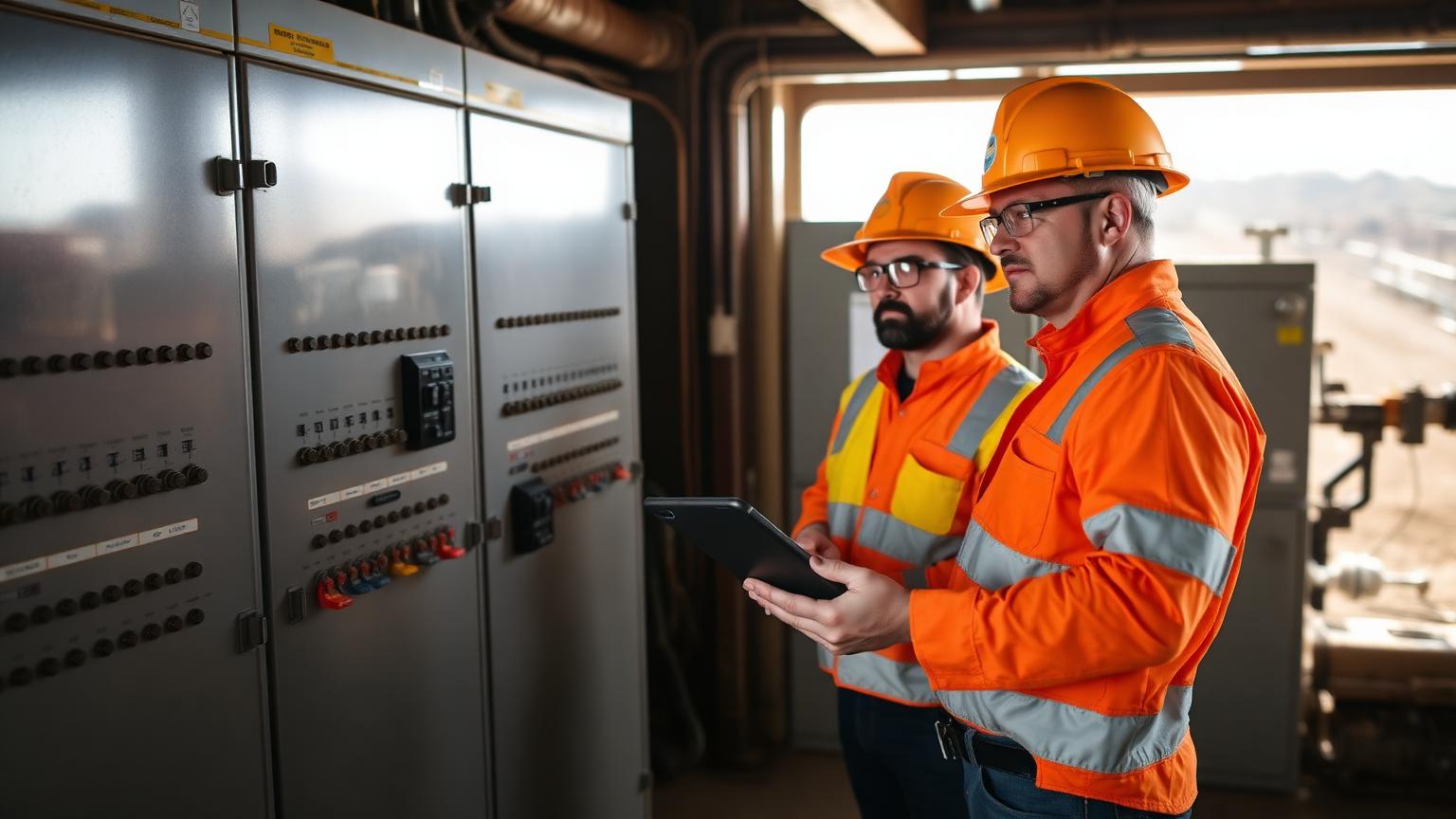 Industrial electricians reviewing a switchboard and tablet inside a mine site substation