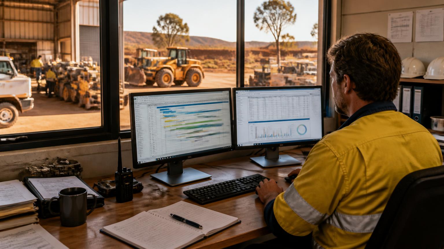Mining contractor supervisor reviewing job scheduling and asset data on screens in an Australian site office