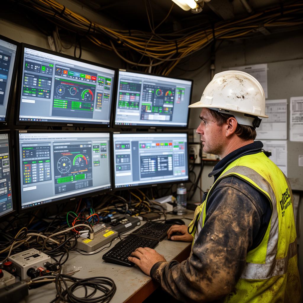 Mining supervisor reviewing fatigue assessment data on tablet at site control room