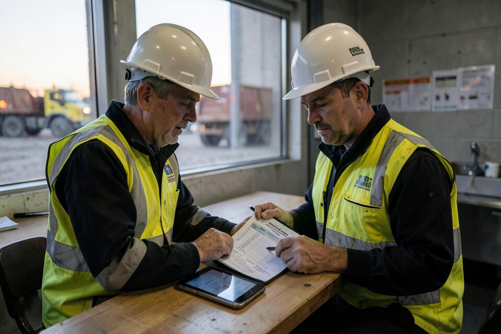 Two mining supervisors in hi-vis reviewing a shift and fatigue record sheet in a site crib room at dawn