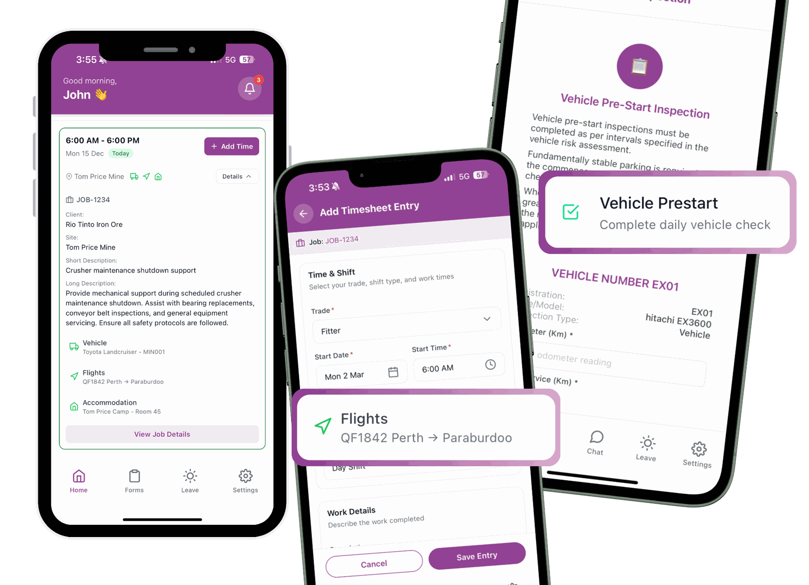 SprintSuite Field Service App showing job details, timesheets, vehicle pre-starts and offline capabilities on mobile devices