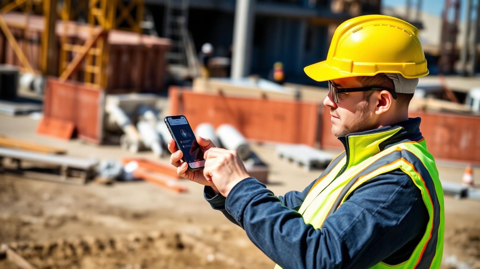 Field worker using a mobile messaging app on a construction site