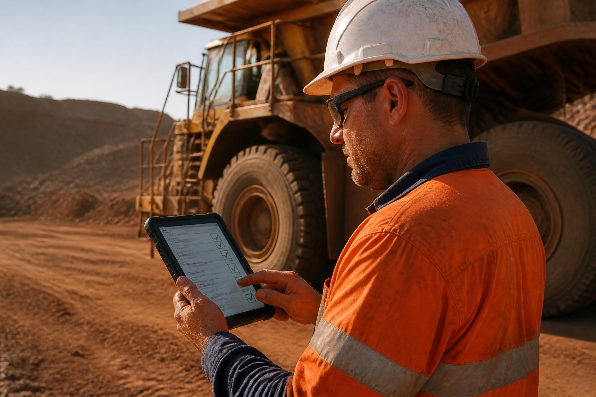 A field worker in hi-vis completing a safety checklist on a rugged tablet beside heavy mining equipment