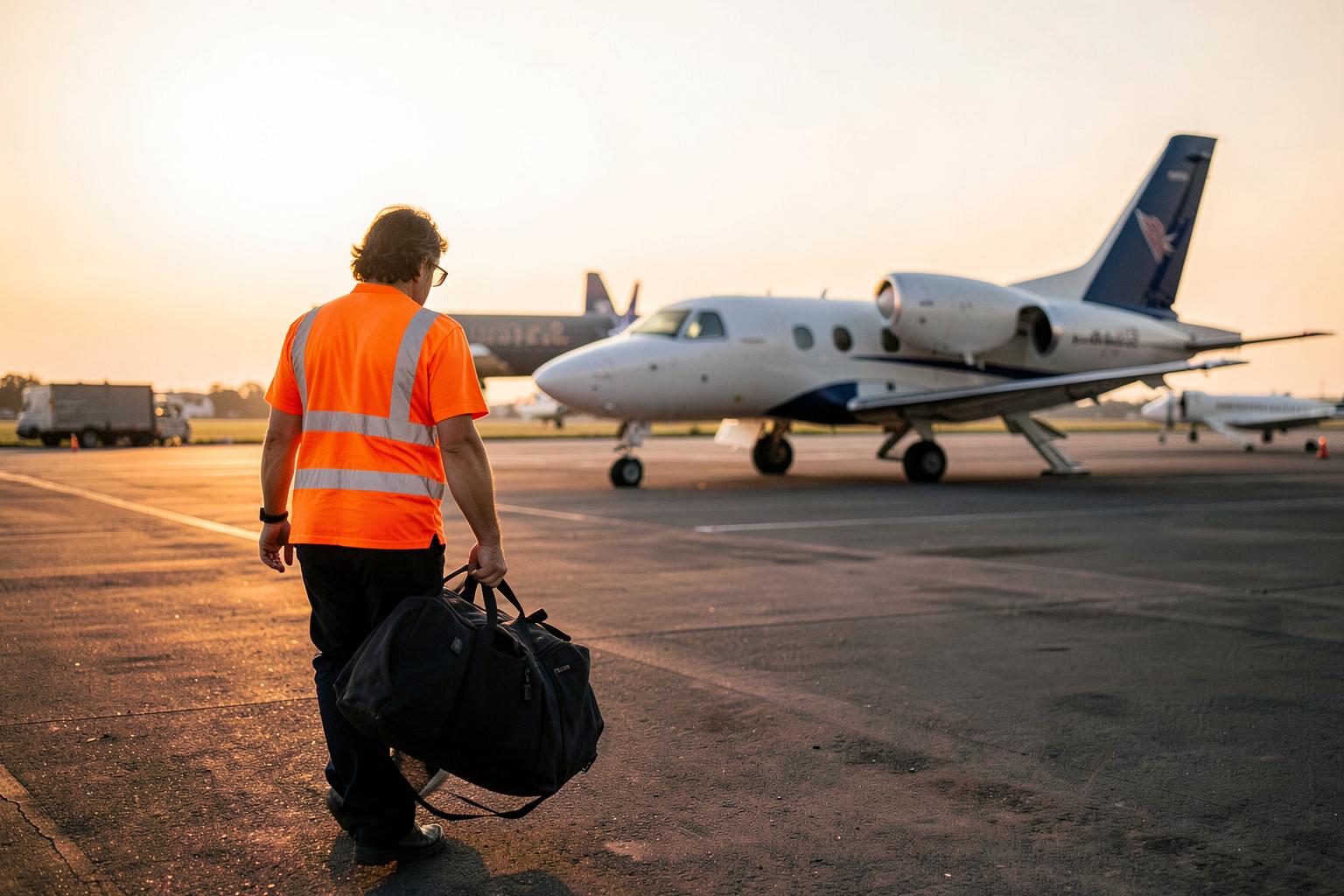 FIFO worker in high-vis walking across a regional airport tarmac to a charter plane at dawn