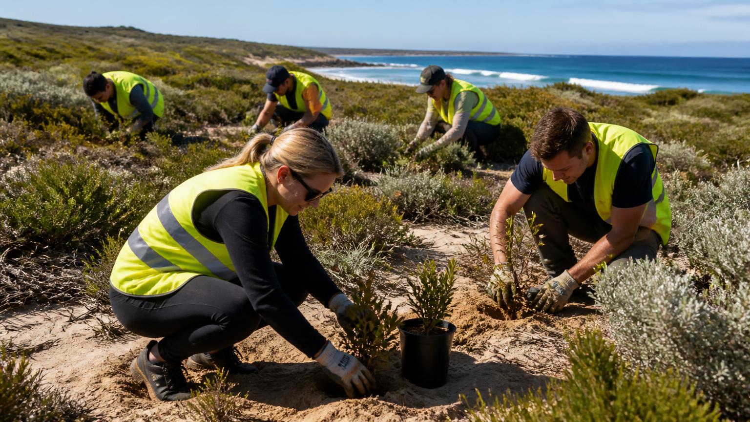 Corporate volunteers in hi-vis vests planting native seedlings in coastal bushland in Western Australia