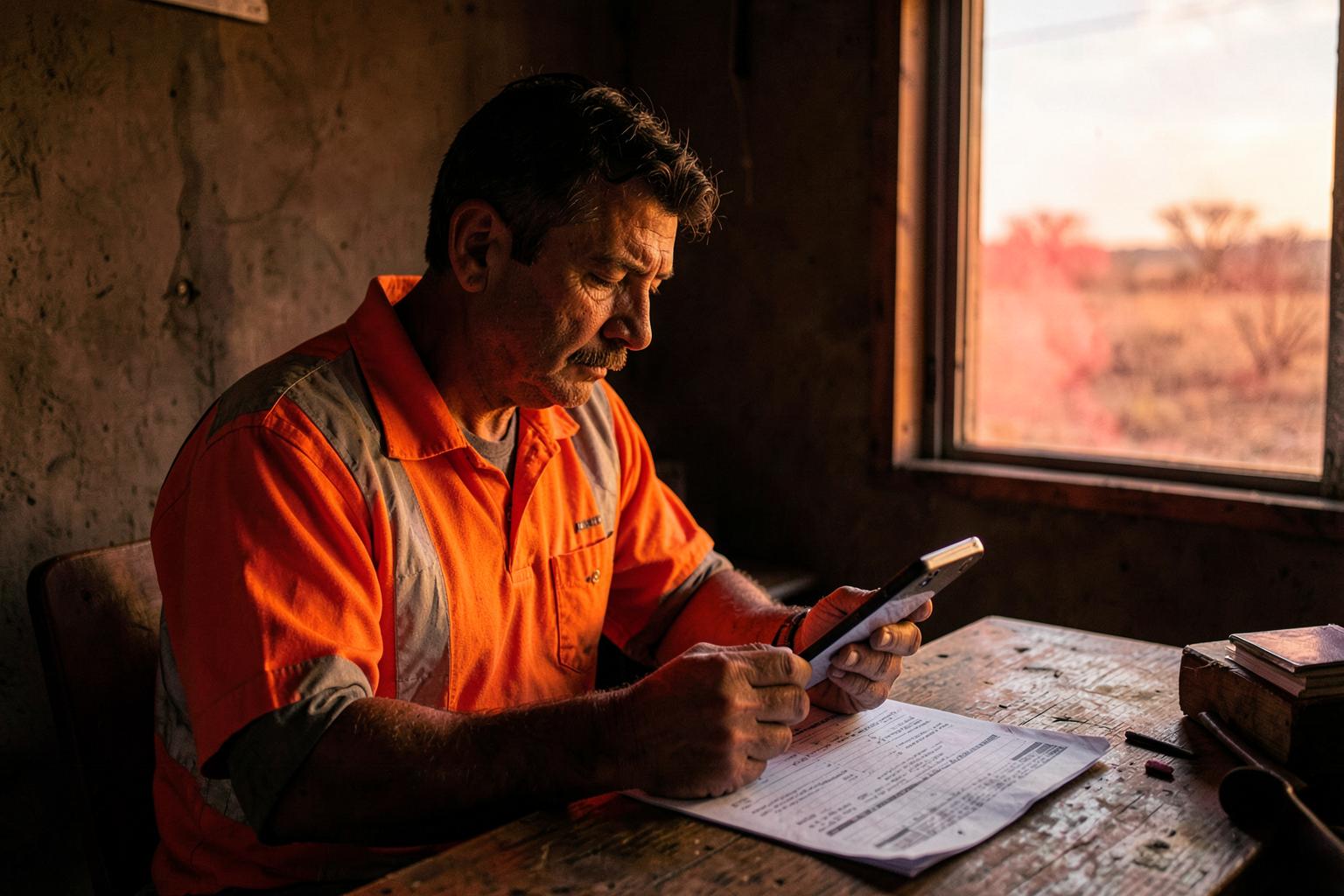 A FIFO mining worker in hi-vis checking a payslip in a camp room at sunset