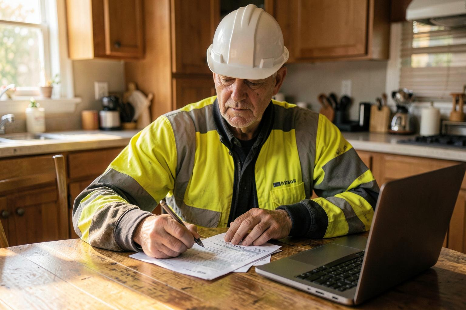 FIFO worker at home reviewing payslips with a calculator and laptop