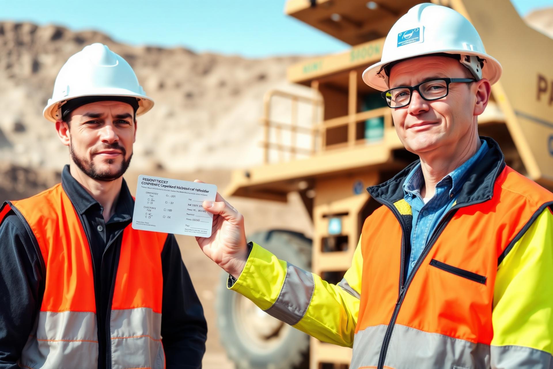 Mine worker holding a competency card beside a haul truck at an Australian open-cut mine