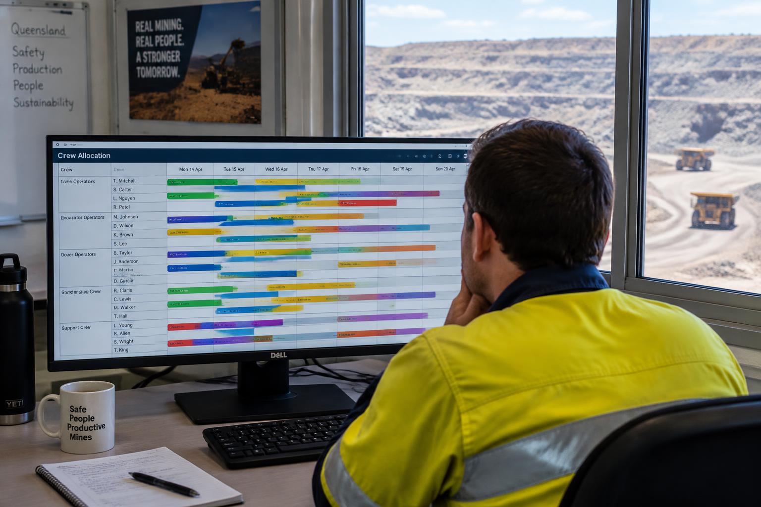 Mining contractor scheduler reviewing a crew allocation board in a site office overlooking an open-cut mine