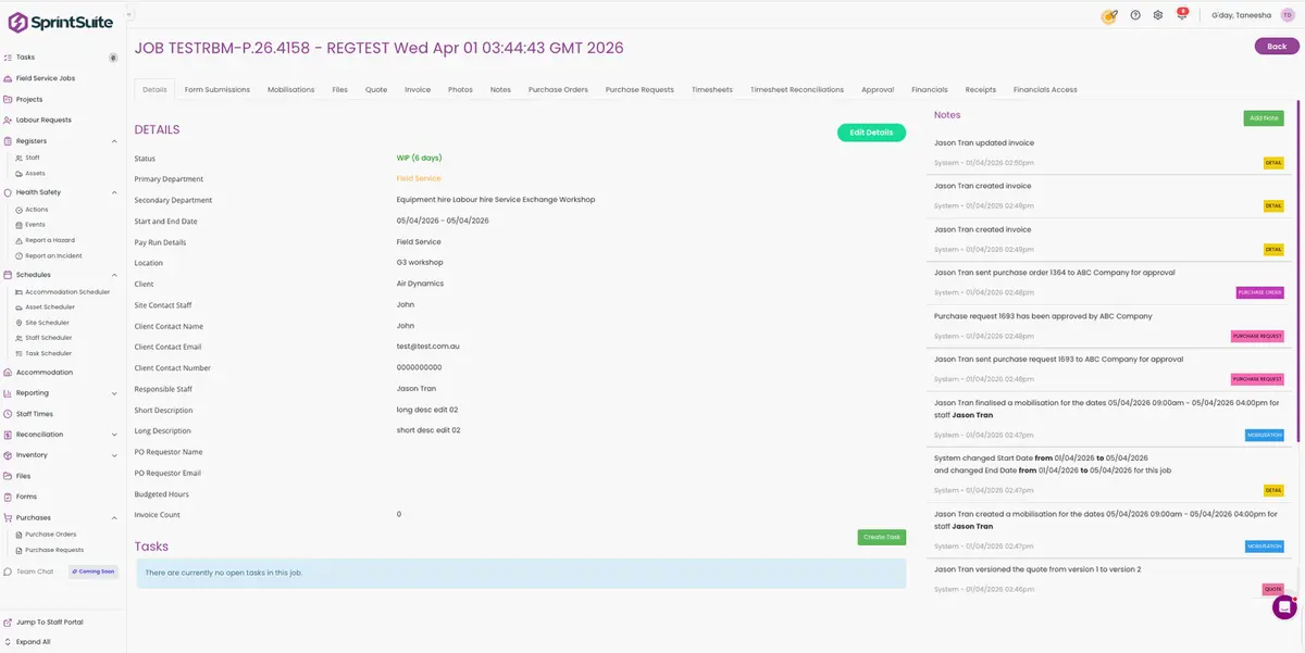 SprintSuite job management dashboard showing jobs, costs and progress for a mining contractor
