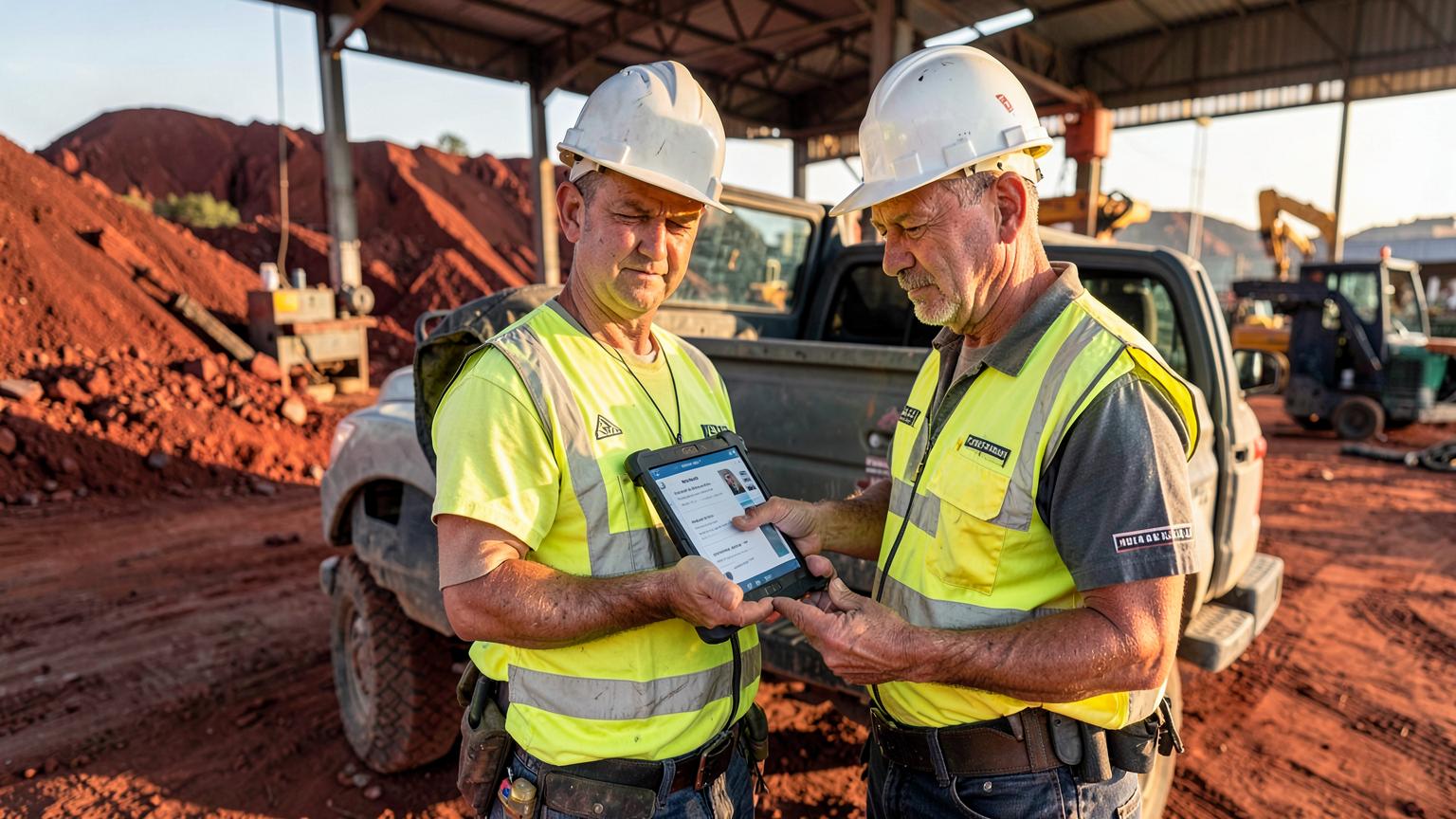 Australian mining contractors building a job quote on a rugged tablet beside a ute on site