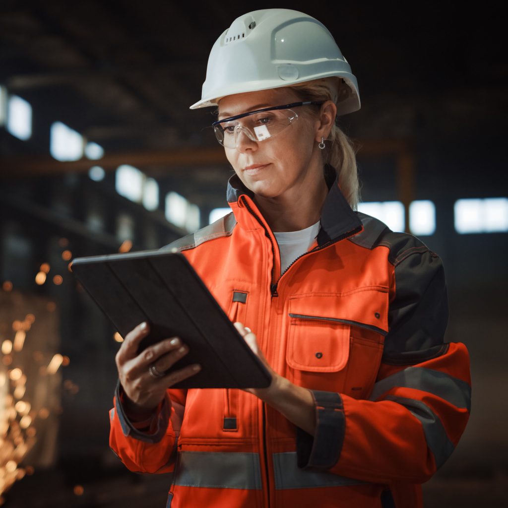 Industrial worker in safety gear with tablet