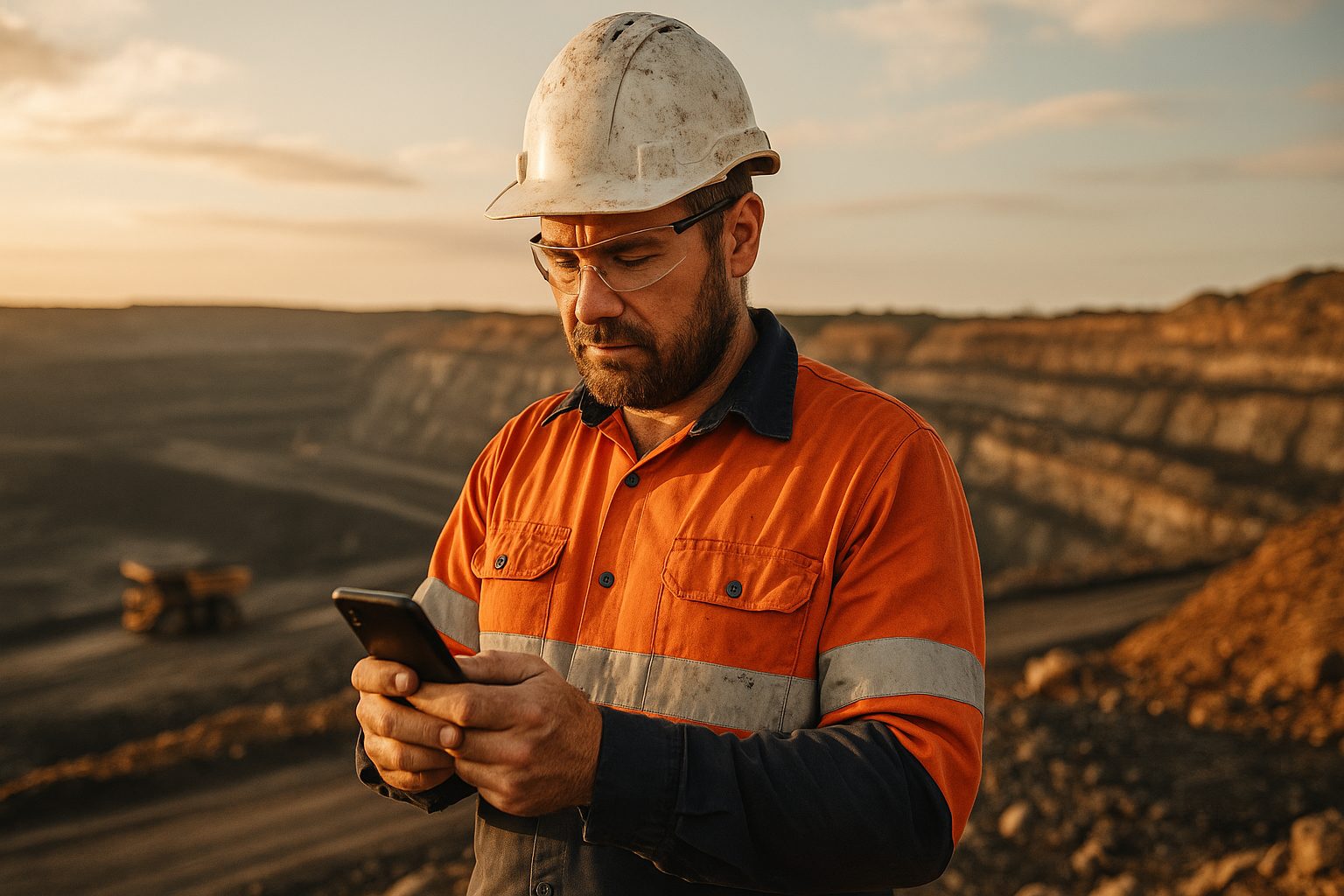 Mining contractor crew managing safety documentation on site