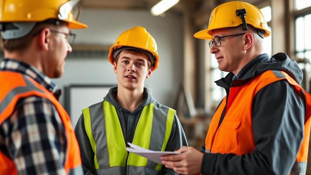 Young mining apprentice receiving induction training from supervisor