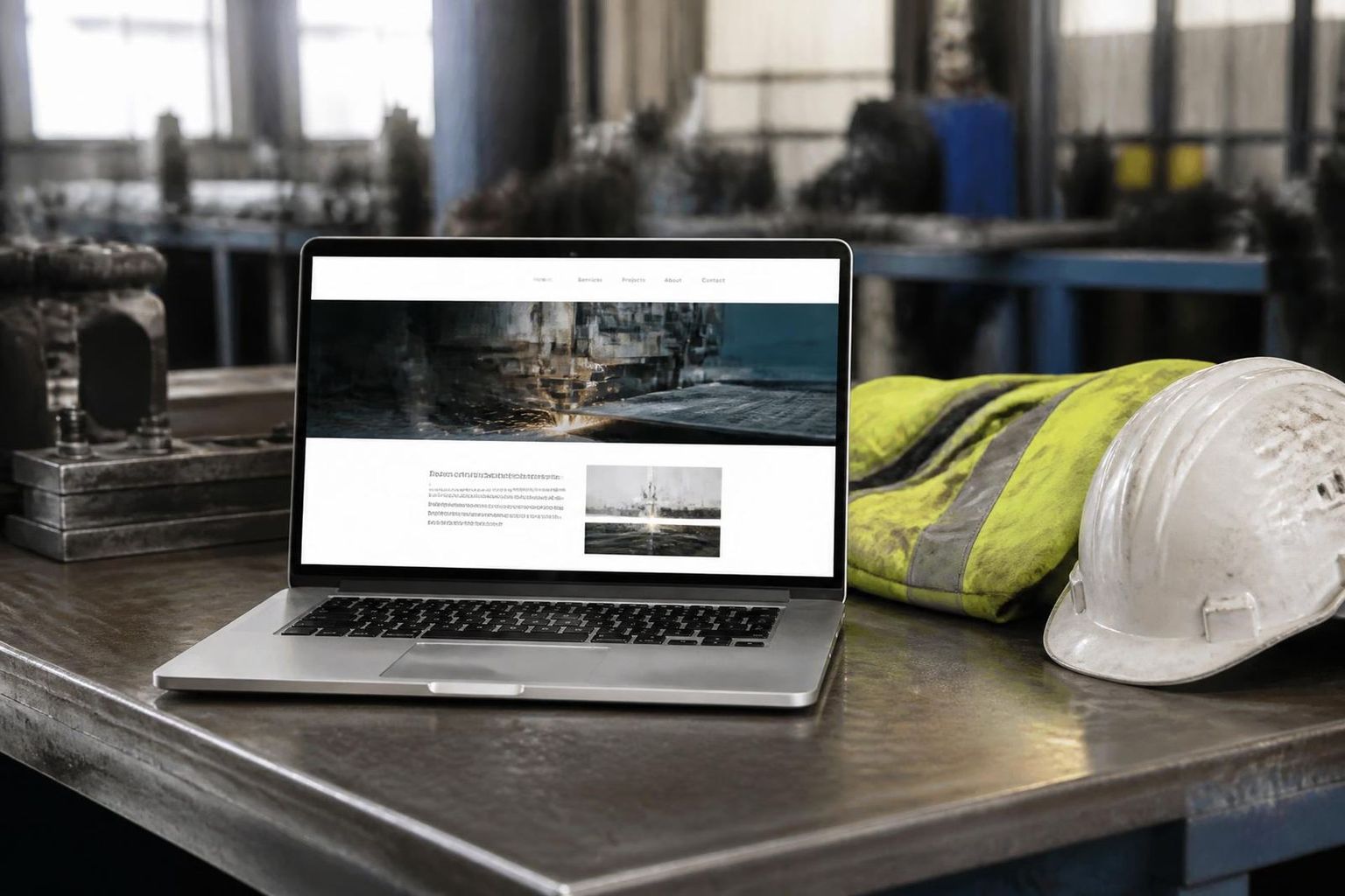 Laptop showing a mining contractor website on a workbench beside a hard hat in an engineering workshop