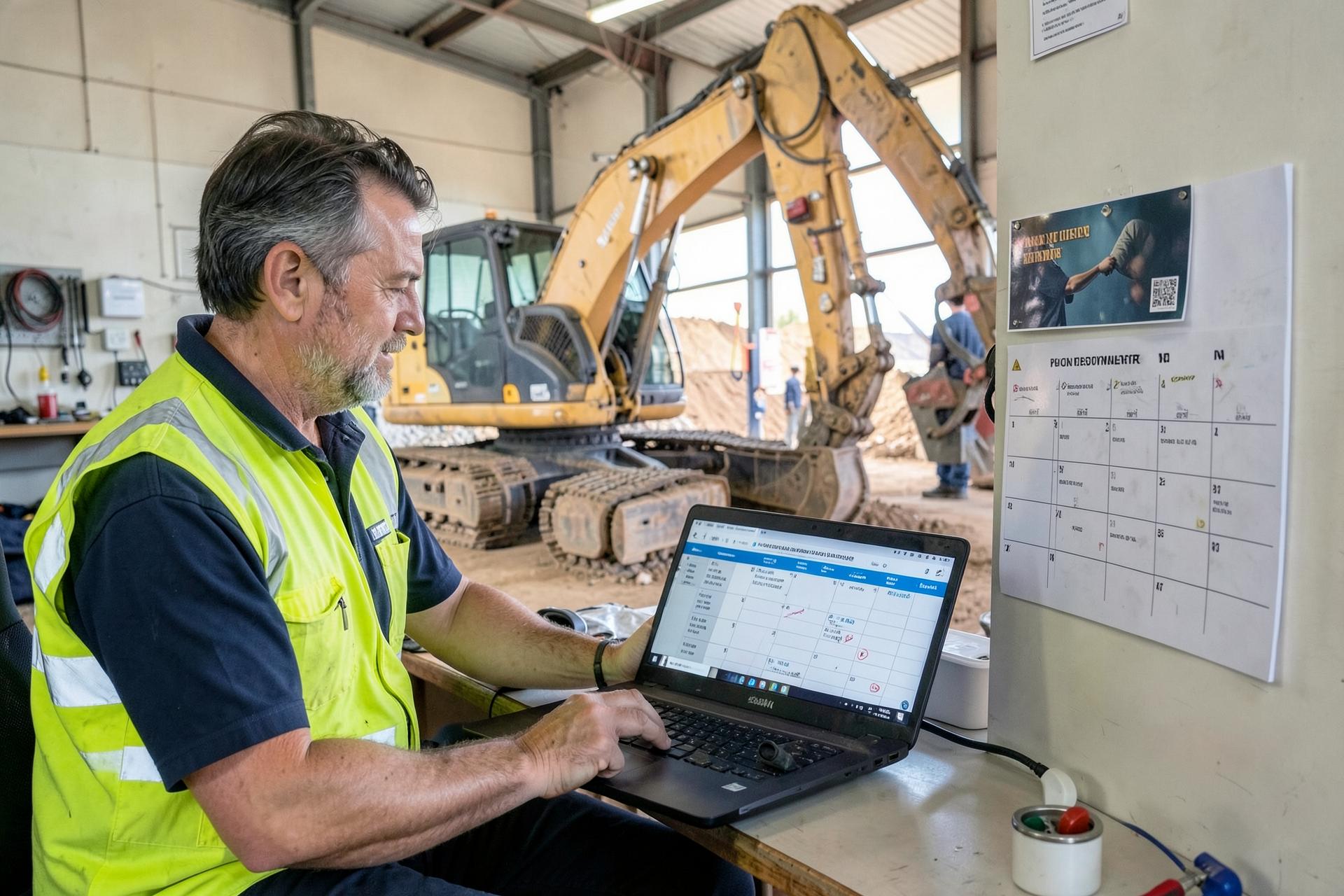 A maintenance planner in hi-vis reviewing a mining equipment service schedule in a workshop office