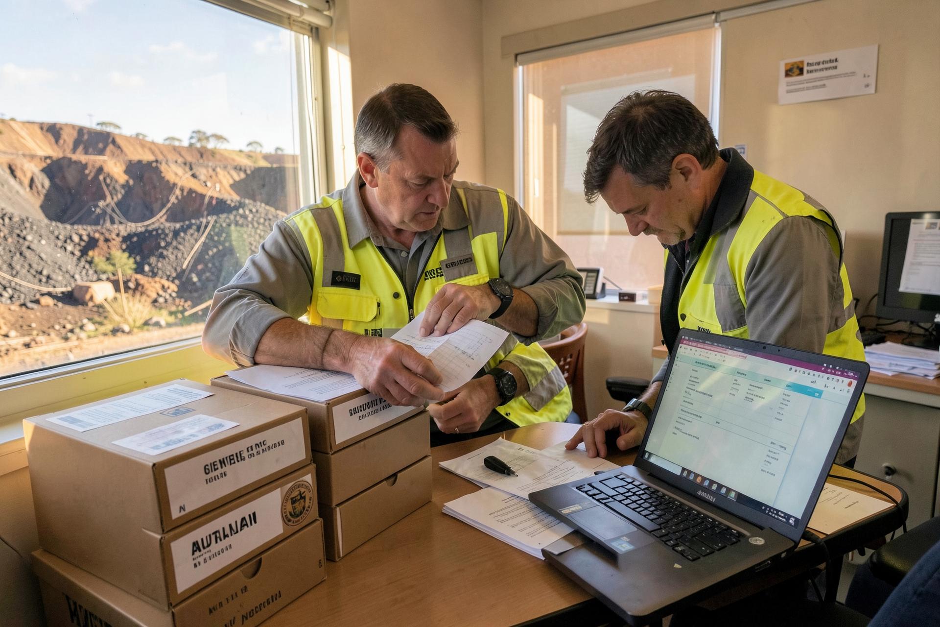 Mine site safety coordinators in hi-vis filing archived safety records into labelled document boxes beside a laptop register